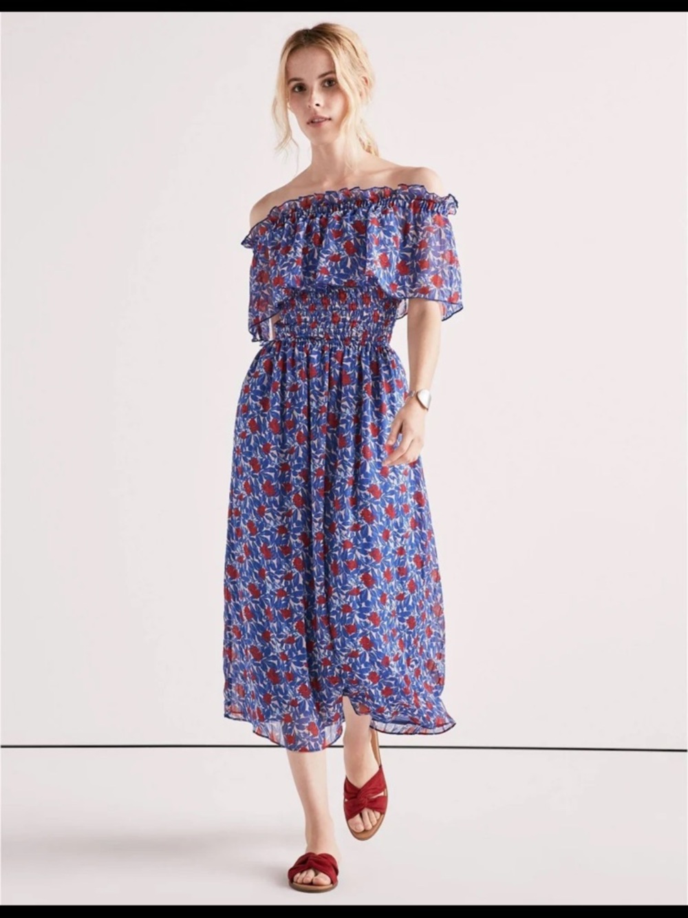 Lucky Brand Off Shoulder Floral Midi Dress Blue Red Smocked Boho Size XS